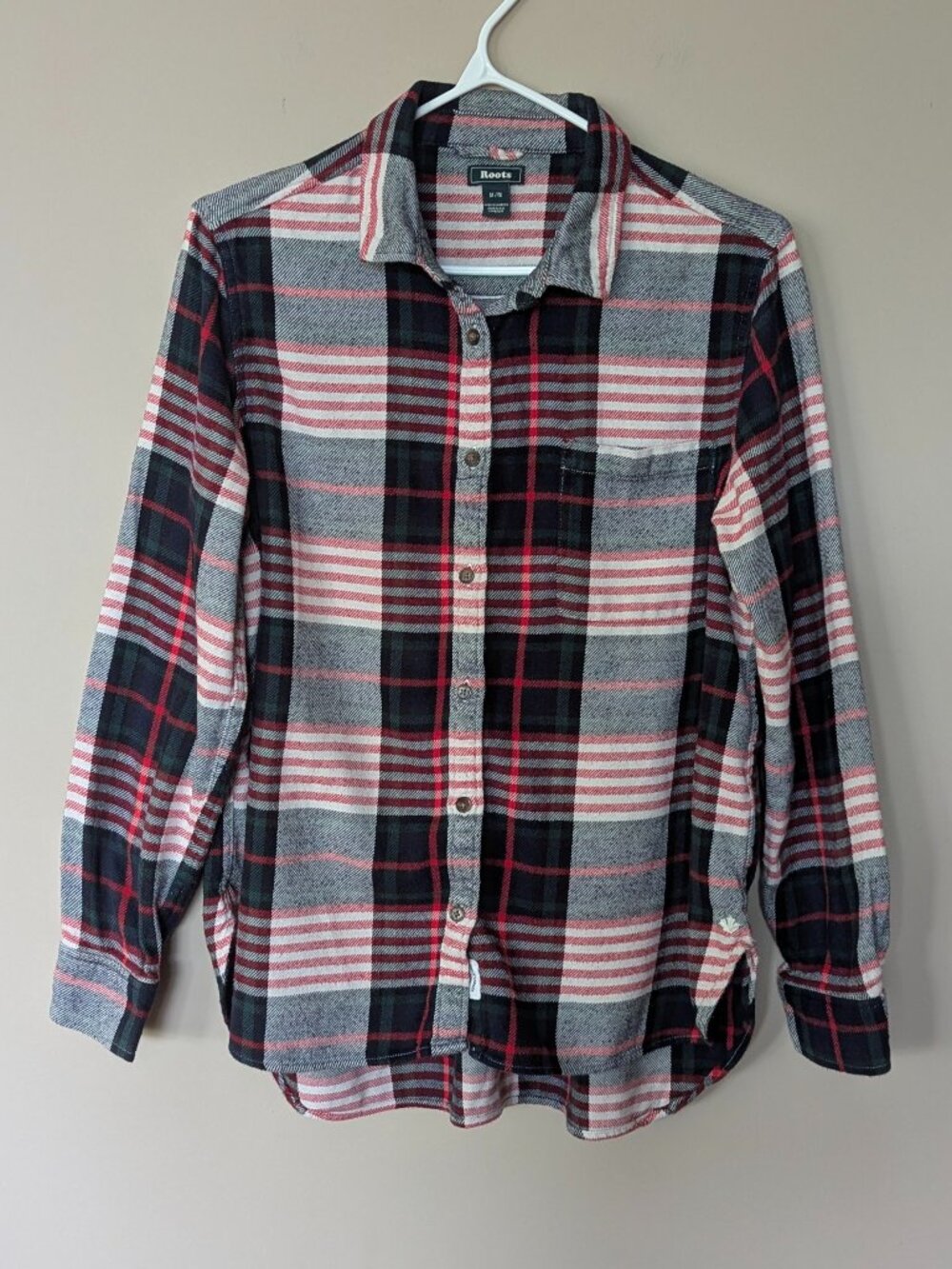 Roots Plaid Flannel Button-Up Shirt Red Navy Green Cotton Size M